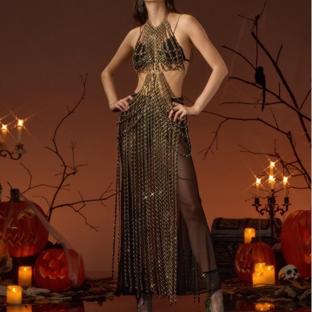 Mew Mews (One Size) Yavelle Chain Fringe Cutout Maxi Dress Black NWT Festival